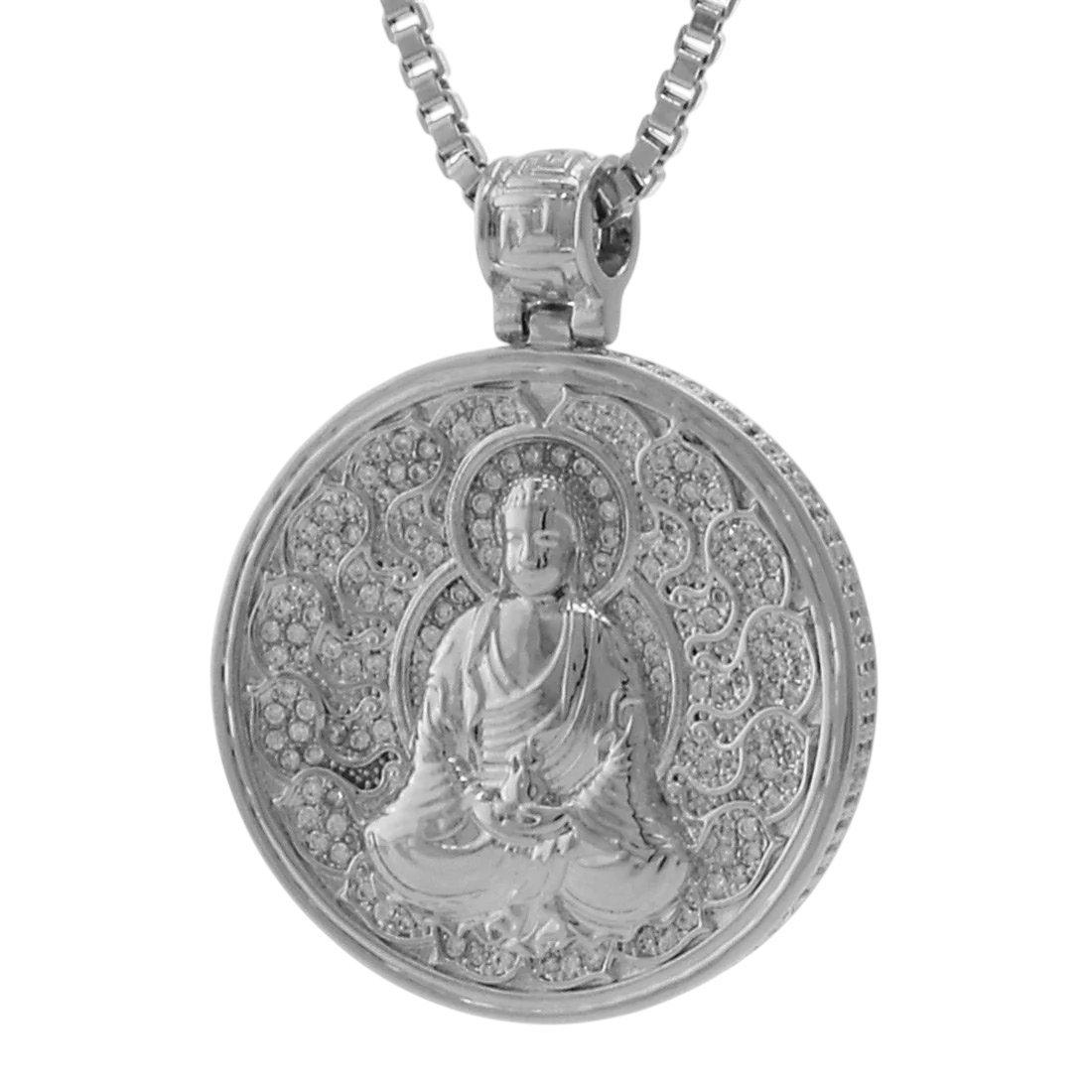 King Ice Buddhist Medallion Necklace - White Gold - WHITE GOLD